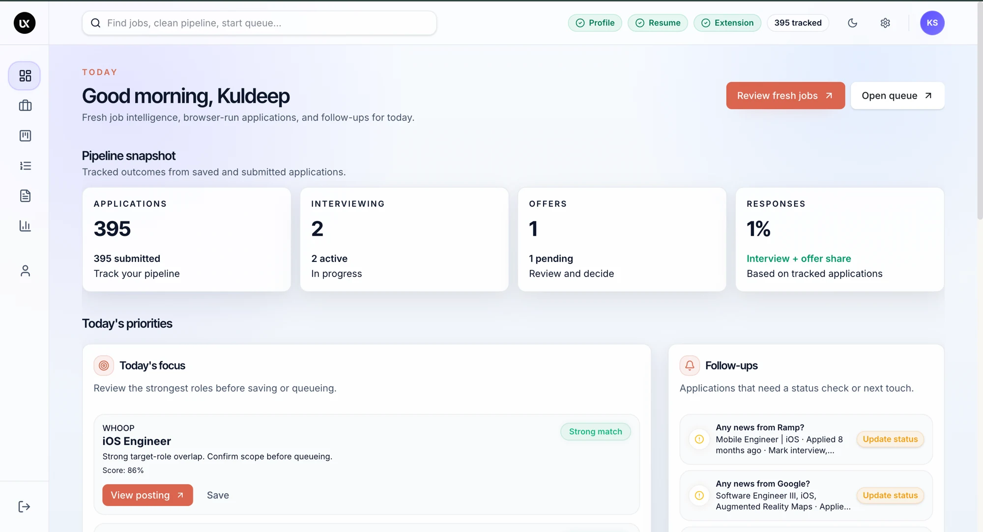 YouxAI workspace dashboard with pipeline snapshot and tracked applications