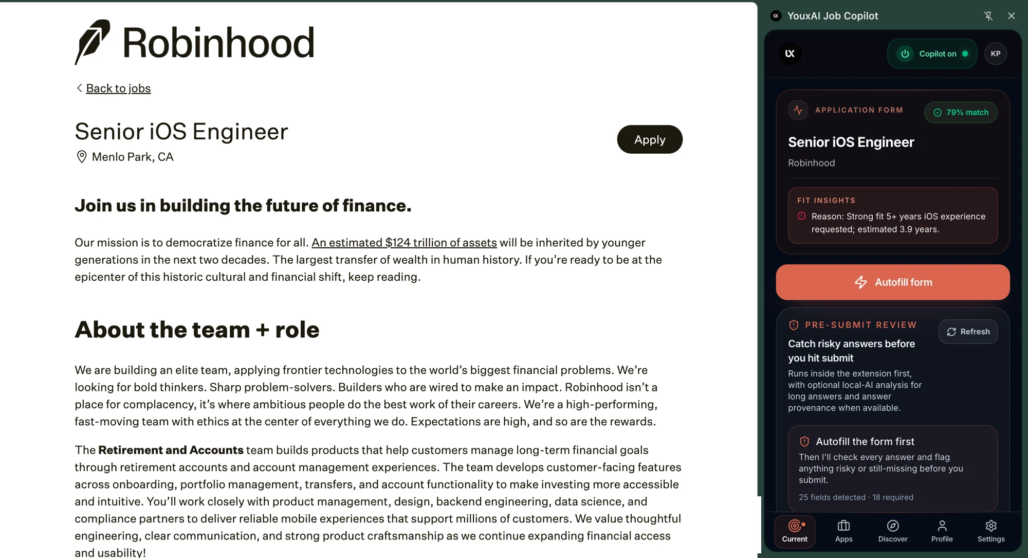 YouxAI panel on a Robinhood careers page, scoring a Senior iOS Engineer role with fit insights