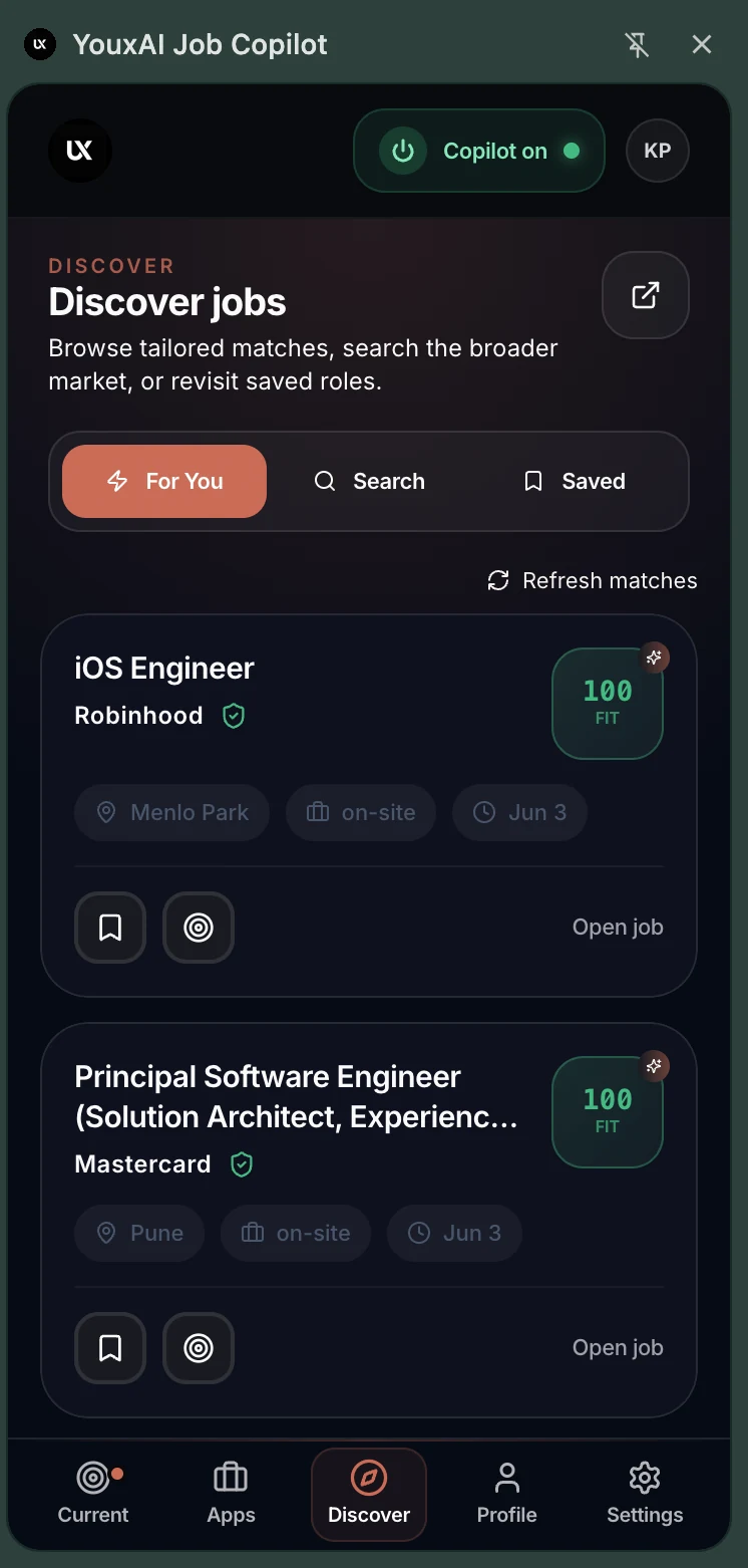 YouxAI Discover tab ranking fresh roles by fit