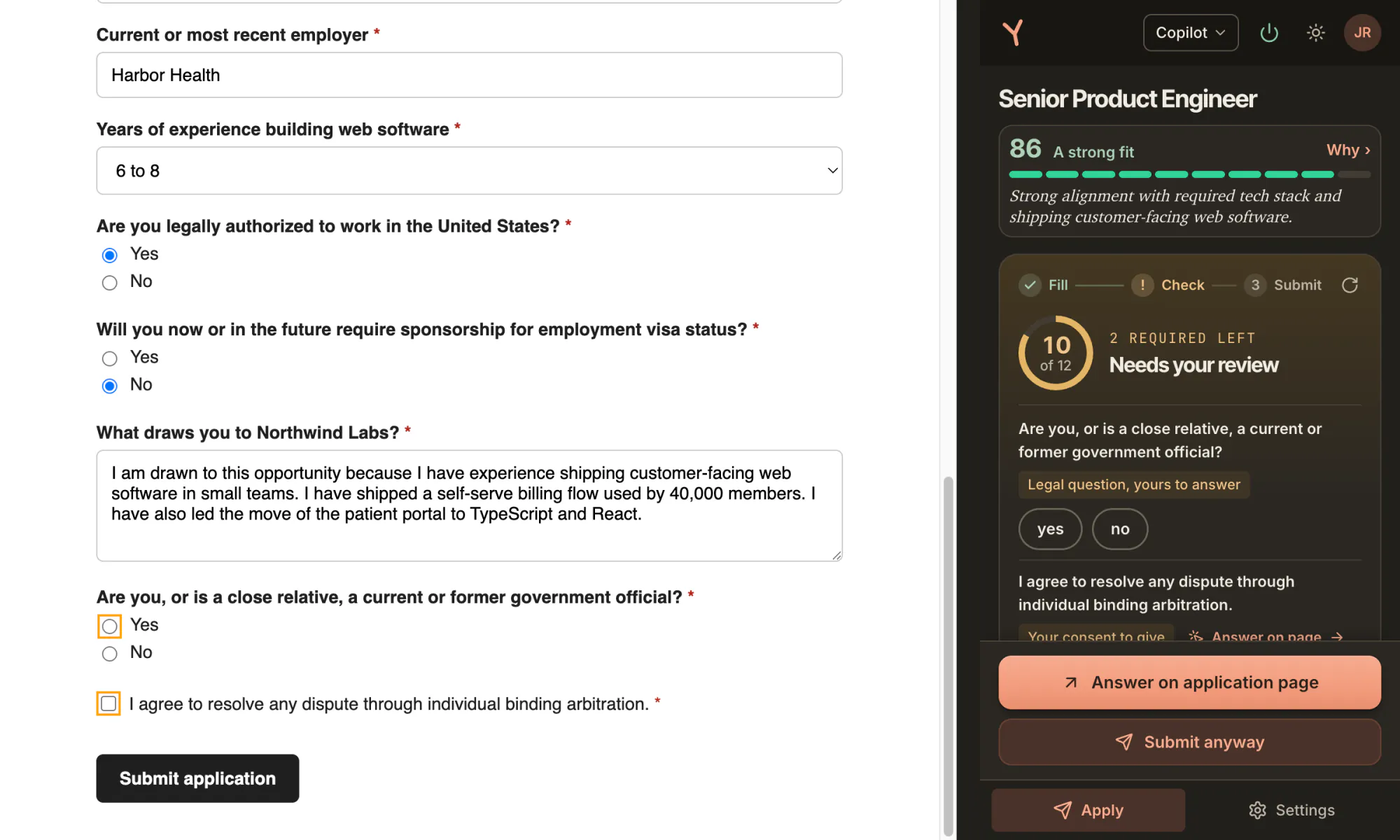 The form with the years of experience select now reading 6 to 8, beside the side panel reading Needs your review, 10 of 12, 2 required left, with the government official question and its yes and no choices.