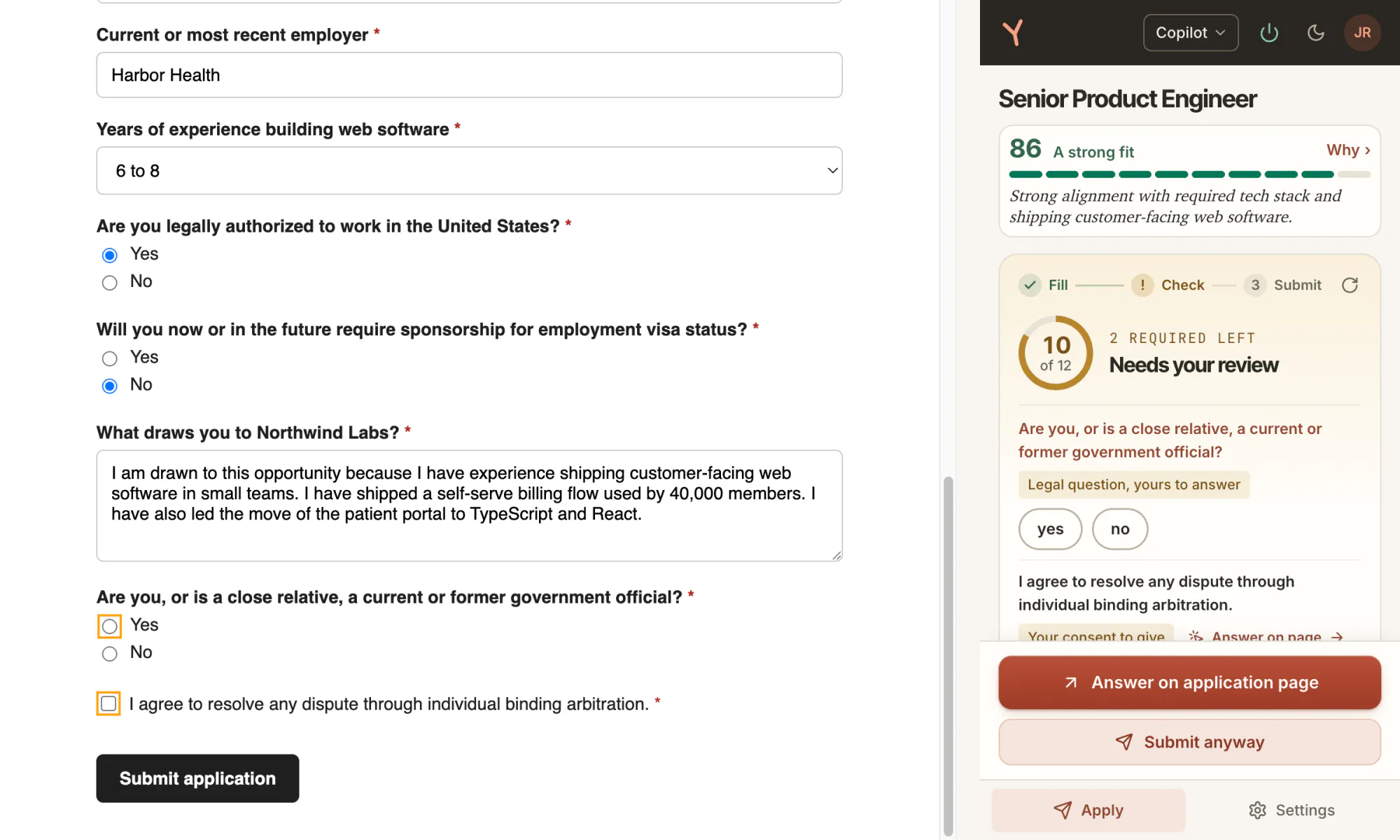 The form with the years of experience select now reading 6 to 8, beside the side panel reading Needs your review, 10 of 12, 2 required left, with the government official question and its yes and no choices.