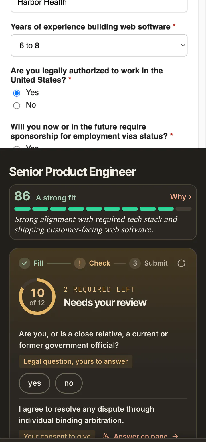 The years of experience select on the form at phone width now reading 6 to 8, and below it the side panel reading Needs your review, 10 of 12, 2 required left, with the government official question.