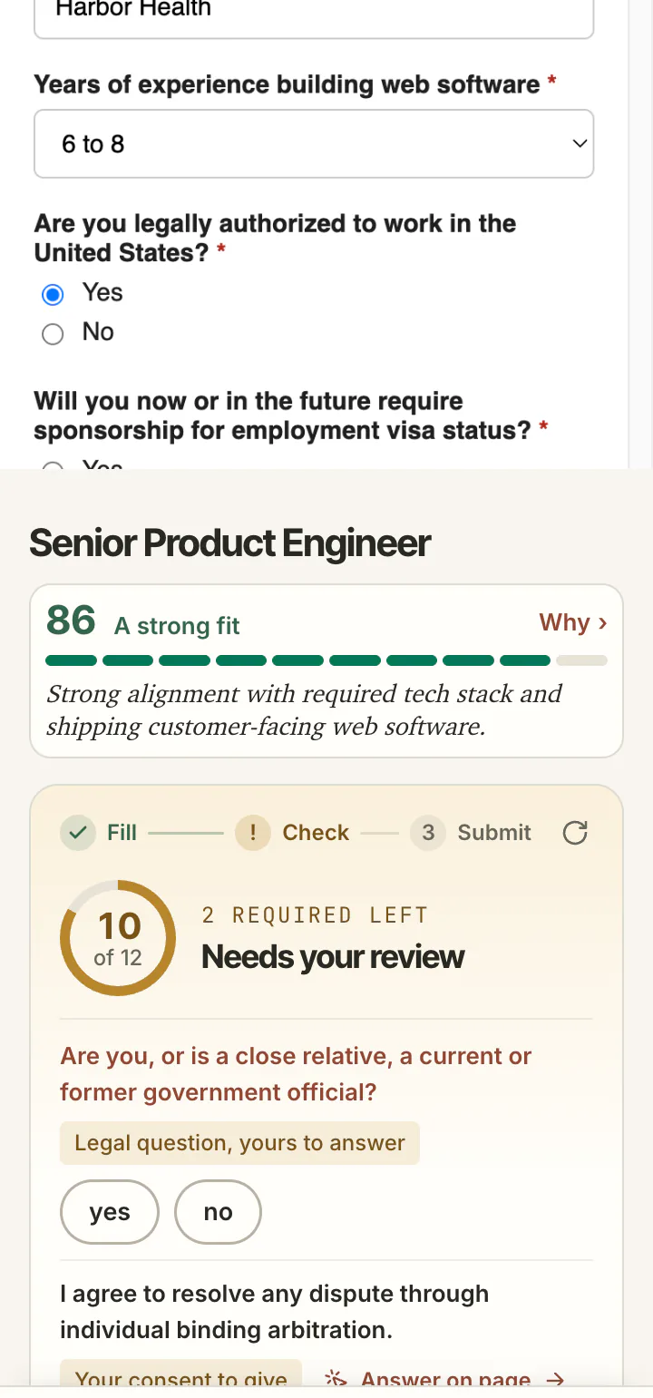 The years of experience select on the form at phone width now reading 6 to 8, and below it the side panel reading Needs your review, 10 of 12, 2 required left, with the government official question.