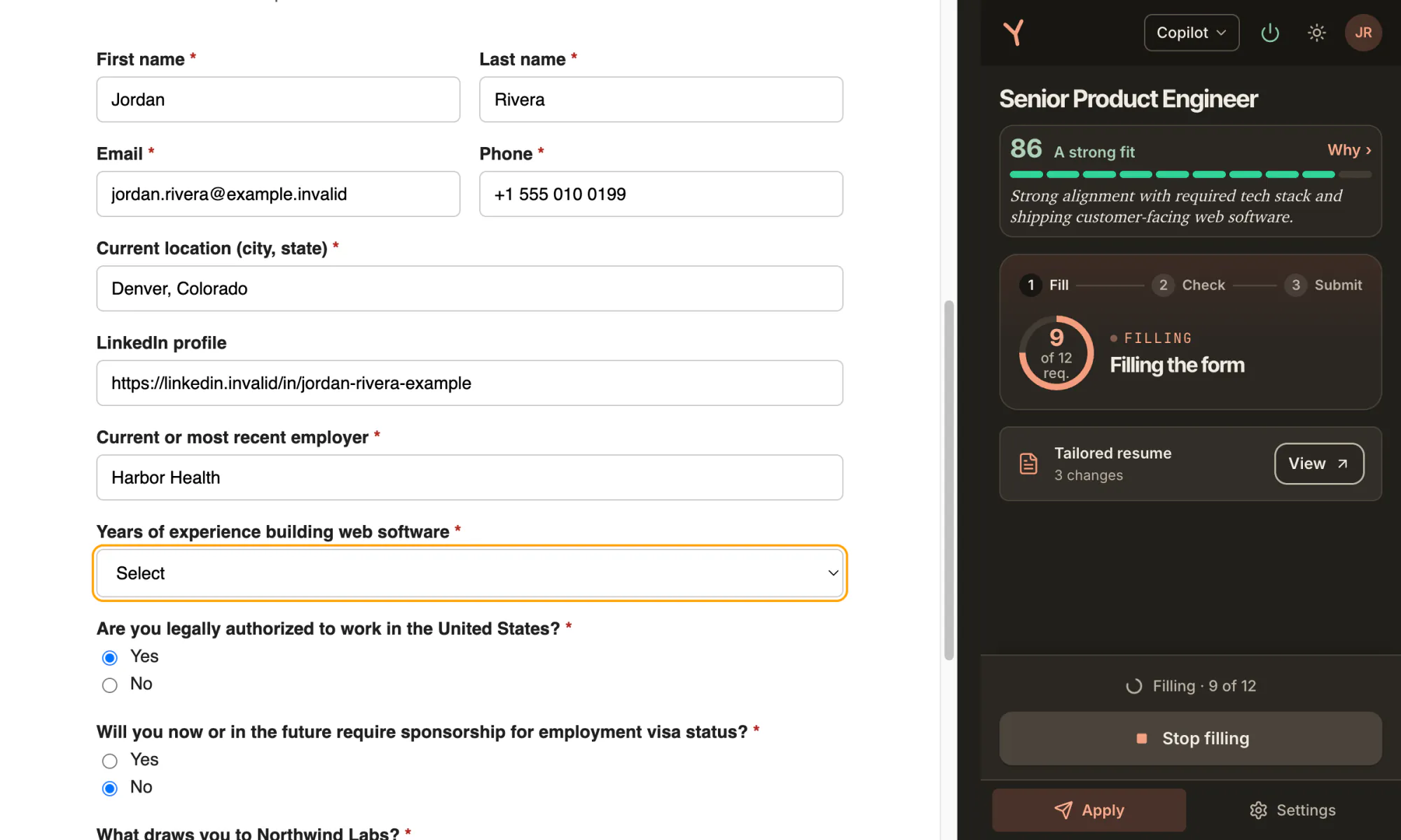 The application form with first name Jordan, last name Rivera, email, phone, location Denver, Colorado and employer Harbor Health filled in, the years select still empty, beside the side panel reading Filling the form, 9 of 12 required.
