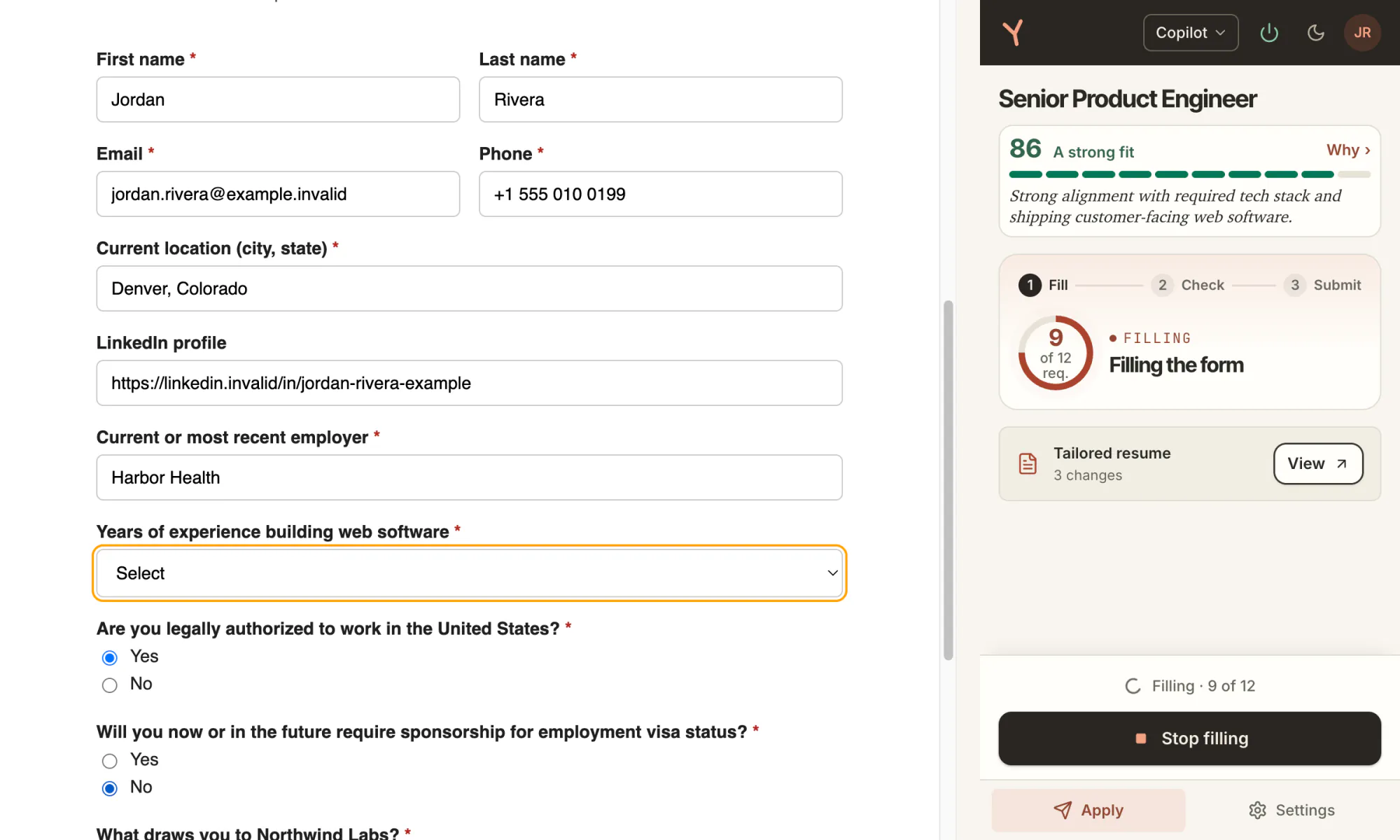 The application form with first name Jordan, last name Rivera, email, phone, location Denver, Colorado and employer Harbor Health filled in, the years select still empty, beside the side panel reading Filling the form, 9 of 12 required.