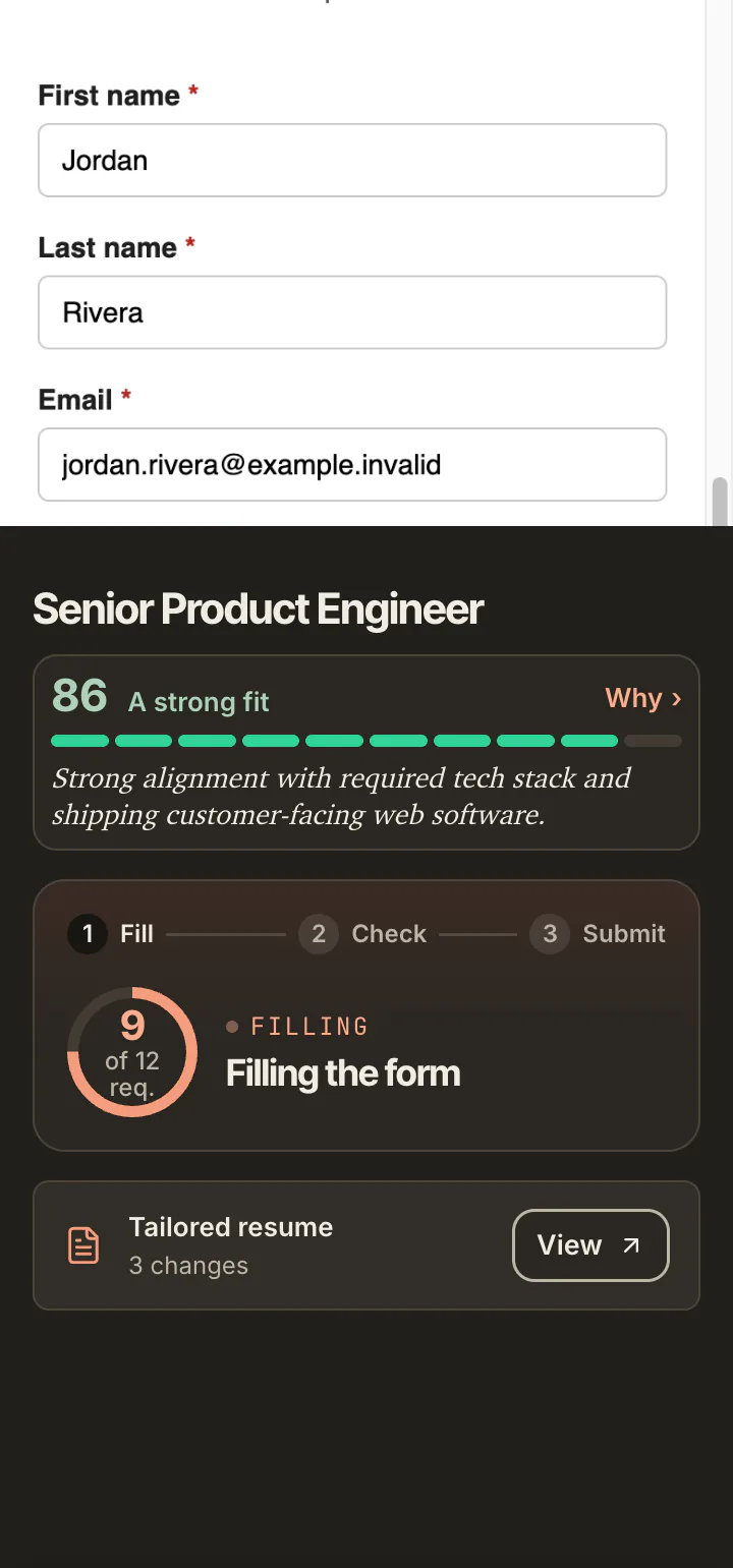The form at phone width with first name, last name and email filled in, and below it the side panel reading Filling the form, 9 of 12 required.
