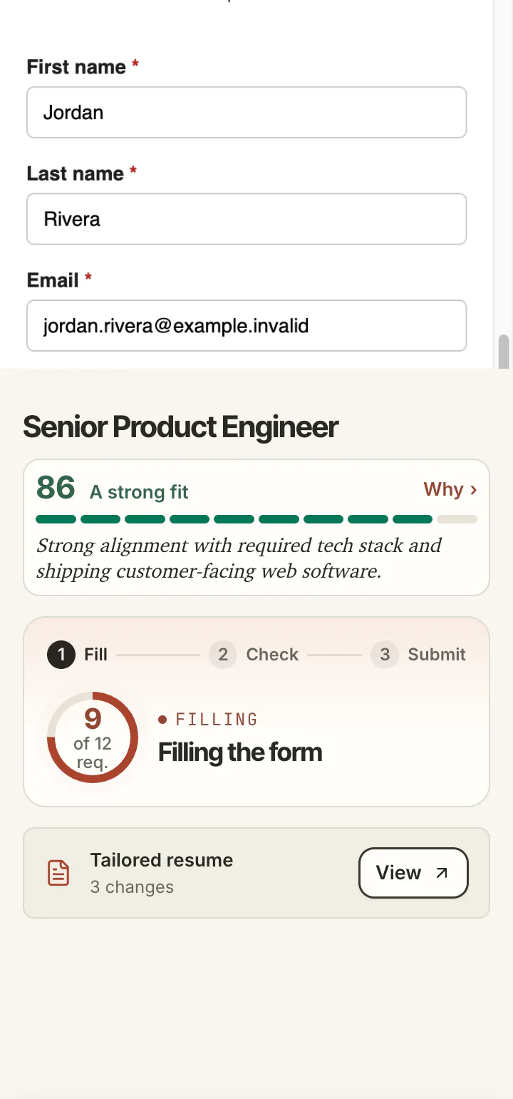 The form at phone width with first name, last name and email filled in, and below it the side panel reading Filling the form, 9 of 12 required.
