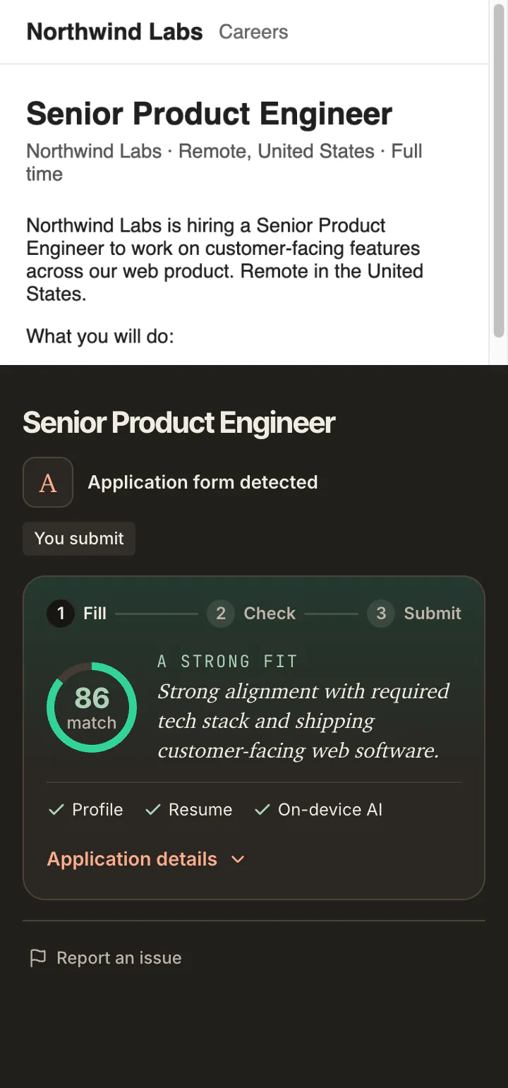 The posting title and summary at phone width, and below it the side panel with the match ring reading 86, A strong fit.