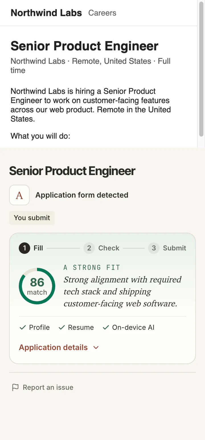 The posting title and summary at phone width, and below it the side panel with the match ring reading 86, A strong fit.