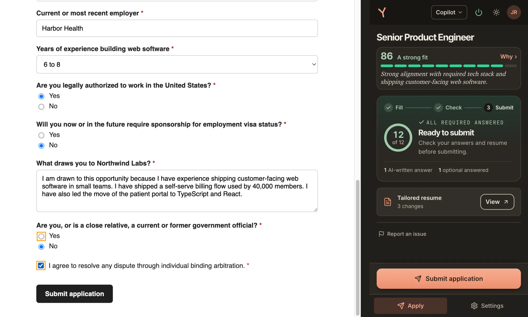 The completed form, years 6 to 8, work authorization Yes, sponsorship No, beside the side panel reading Ready to submit, 12 of 12 required answered, with a Submit application button.