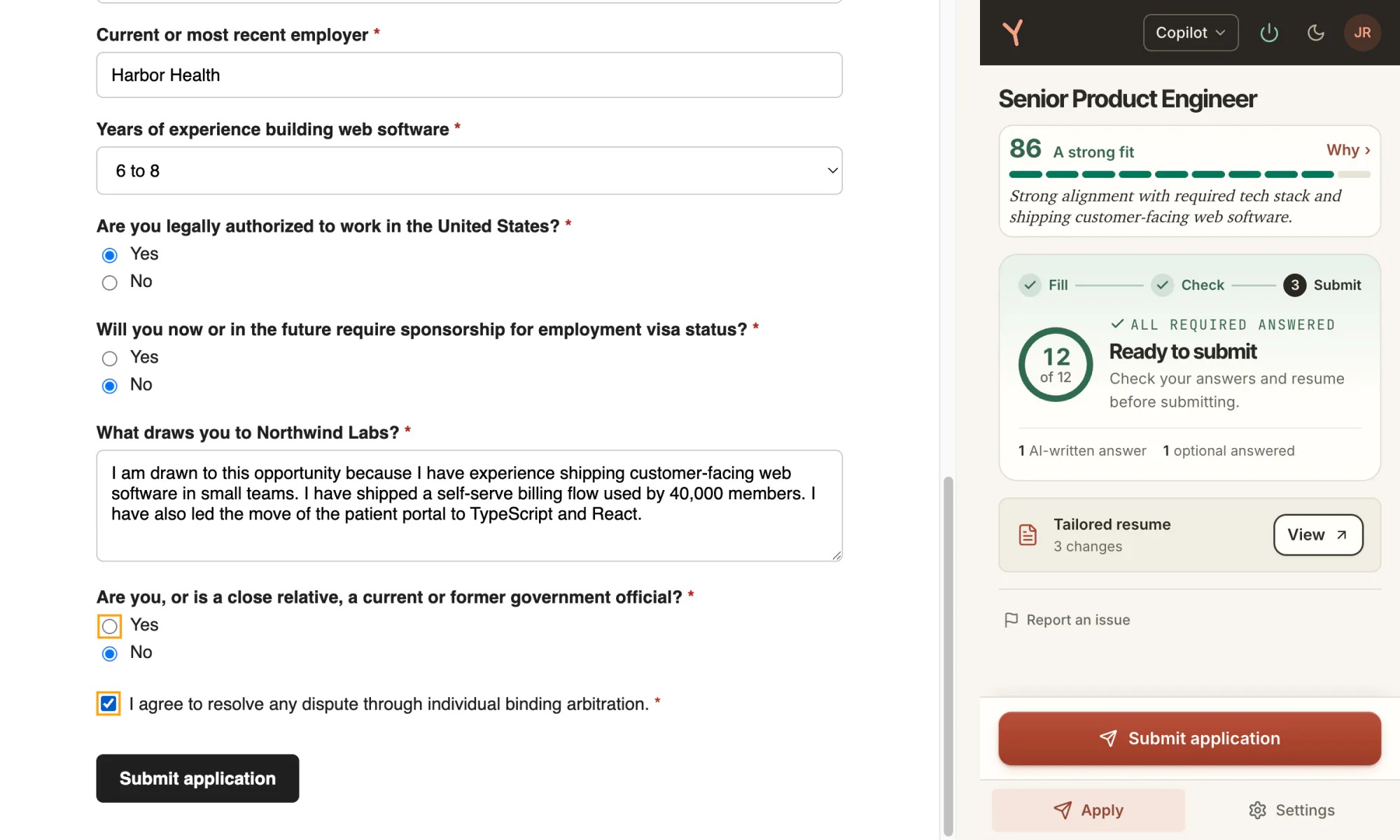 The completed form, years 6 to 8, work authorization Yes, sponsorship No, beside the side panel reading Ready to submit, 12 of 12 required answered, with a Submit application button.