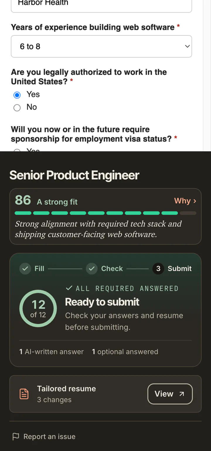 The years of experience and work authorization answers on the completed form at phone width, and below them the side panel reading Ready to submit, 12 of 12.