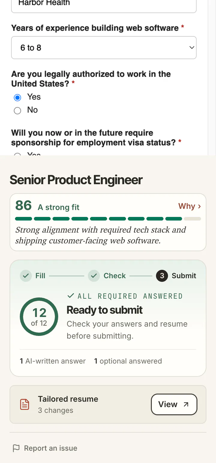 The years of experience and work authorization answers on the completed form at phone width, and below them the side panel reading Ready to submit, 12 of 12.