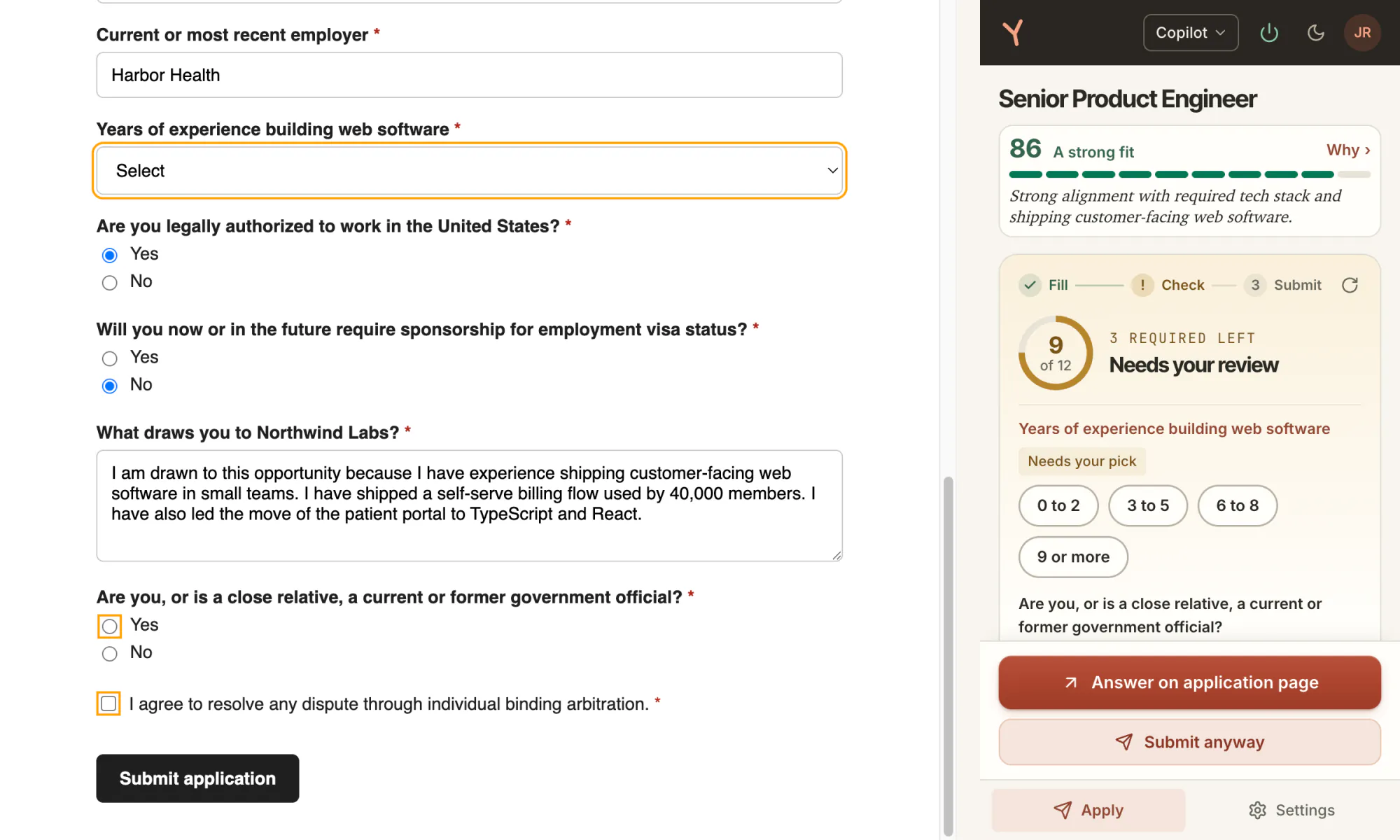 The form with the years of experience select still on Select, beside the side panel reading Needs your review, 3 required left, offering the years choices 0 to 2, 3 to 5, 6 to 8 and 9 or more, and naming the government official question below.