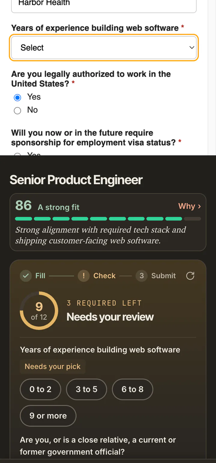 The years of experience select on the form at phone width, still on Select, and below it the side panel reading Needs your review, 3 required left, with the four years choices and the government official question.