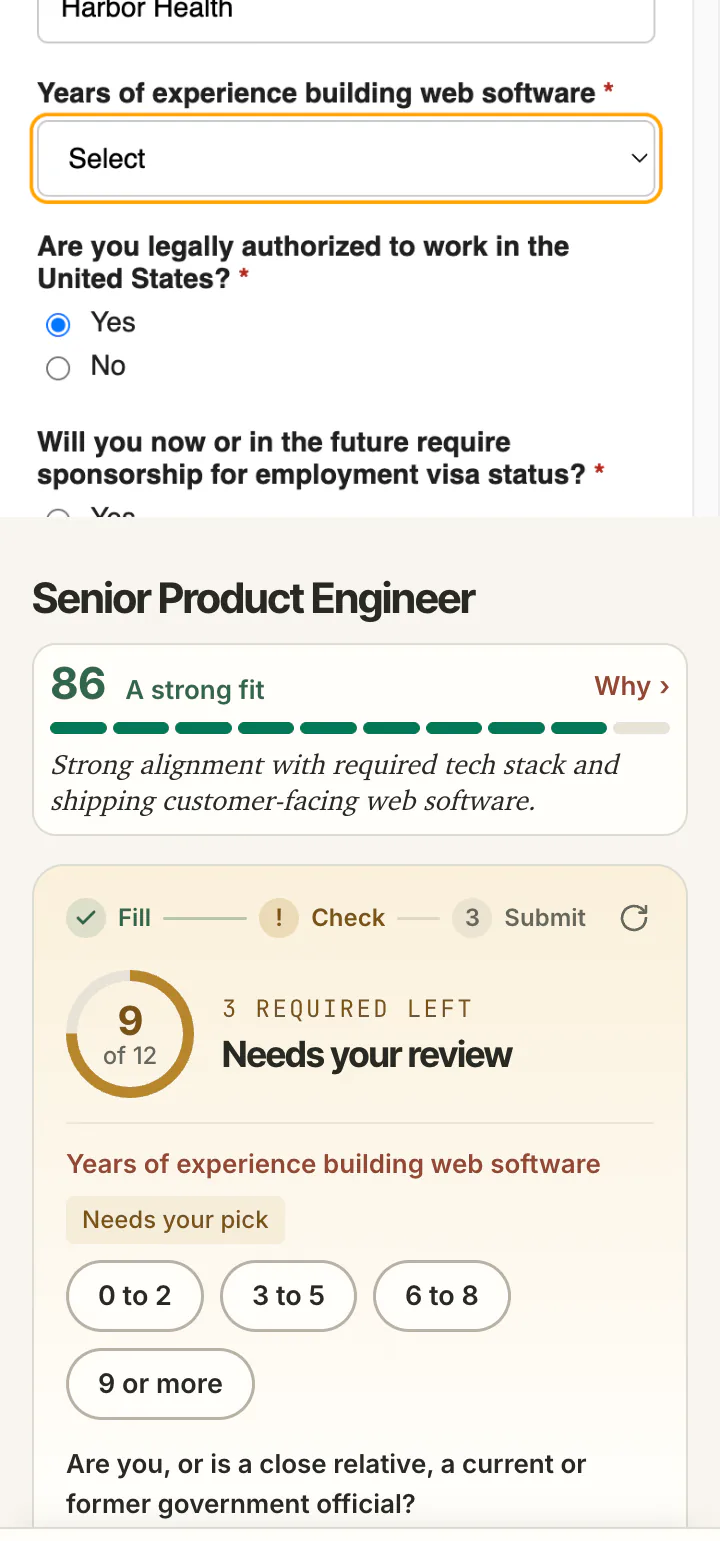 The years of experience select on the form at phone width, still on Select, and below it the side panel reading Needs your review, 3 required left, with the four years choices and the government official question.