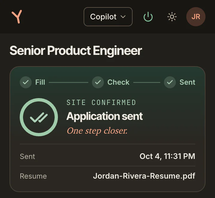 The side panel for Senior Product Engineer: Fill, Check and Sent all done, Site confirmed, Application sent, with the time it was sent and the résumé file.