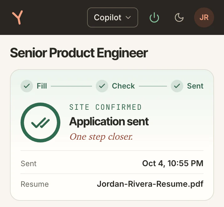 The side panel for Senior Product Engineer: Fill, Check and Sent all done, Site confirmed, Application sent, with the time it was sent and the résumé file.